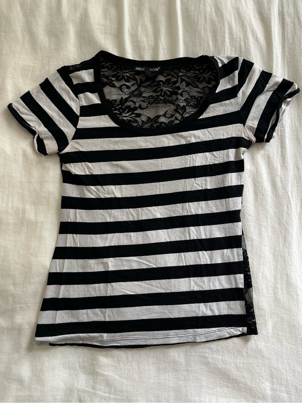 American Dream Black & White Striped Lace-Back Short Sleeve Tee